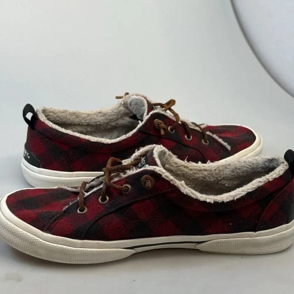 Sperry Top Sider Size 8.5 Buffalo Red Plaid Faux Wool Sneakers Womens Shoes